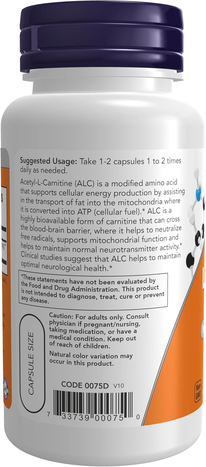 NOW Supplements, Acetyl-L Carnitine 500 mg, Amino Acid, Brain and Nerve Cell Function*, 50 Veg Capsules (Pack of 3)