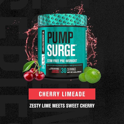 Jacked Factory Pumpsurge Caffeine Free Pre Workout for Men & Women - Nootropic Booster & Stim Free Pre Workout - Intense Pumps, Enhanced Focus - 30 Servings, Cherry Limeade