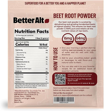 Beet Root Powder - 16oz, 100% Natural Nitric Oxide Booster, Beet Juice Powder, Superfood for Healthy Heart, Beets Powder Supplement, Beetroot Powder, 112 Servings,1lb