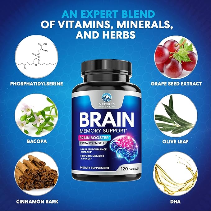 Brain Supplement Memory Pills - Nootropics Support for Concentration, Clarity, Energy & Focus - Brain Health with Bacopa, Cognitive Vitamins, Phosphatidylserine, DMAE - Brain Booster - 120 Capsules