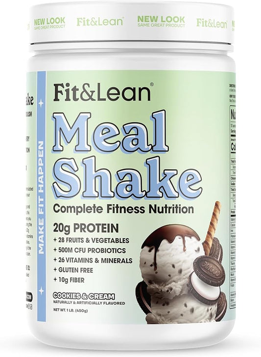 Fit & Lean Meal Shake, Fat Burning Meal Replacement, Meal Replacement with Protein, Fiber, Probiotics and Organic Fruits & Vegetables, Cookies and Cream, 1lb, 10 Servings Per Container