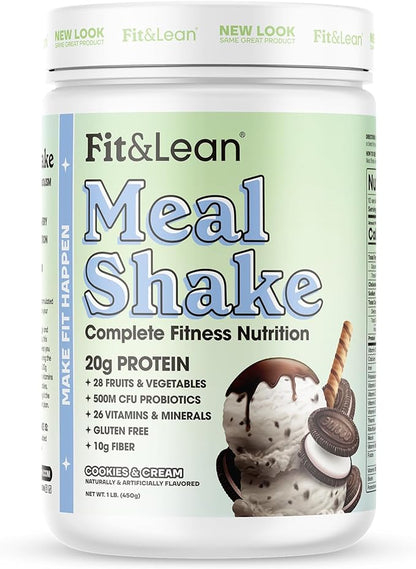 Fit & Lean Meal Shake, Fat Burning Meal Replacement, Meal Replacement with Protein, Fiber, Probiotics and Organic Fruits & Vegetables, Cookies and Cream, 1lb, 10 Servings Per Container