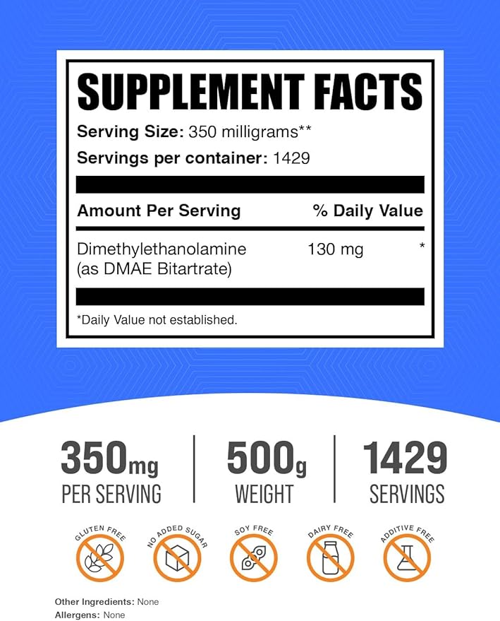 BulkSupplements.com DMAE Bitartrate Powder - Dimethylaminoethanol Bitartrate, DMAE Supplement - DMAE Powder, Gluten Free, 350mg per Serving, 500g (1.1 lbs) (Pack of 1)