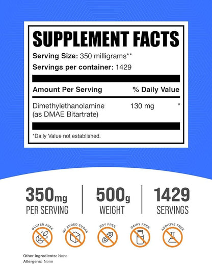 BulkSupplements.com DMAE Bitartrate Powder - Dimethylaminoethanol Bitartrate, DMAE Supplement - DMAE Powder, Gluten Free, 350mg per Serving, 500g (1.1 lbs) (Pack of 1)