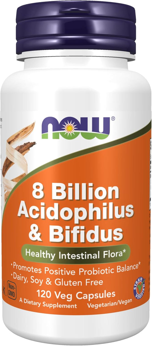 NOW Foods Supplements, 8 Billion Acidophilus & Bifidus, Dairy, Soy and Gluten Free, Strain Verified, 120 Veg Capsules