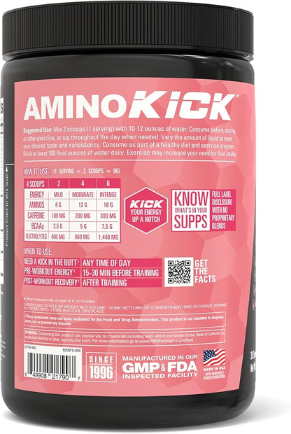 NutraBio Amino Kick - Amino Acid Energy Formula - BCAA's, Electrolytes for Hydration, Natural Caffeine 30 Servings (Raspberry Lemonade)