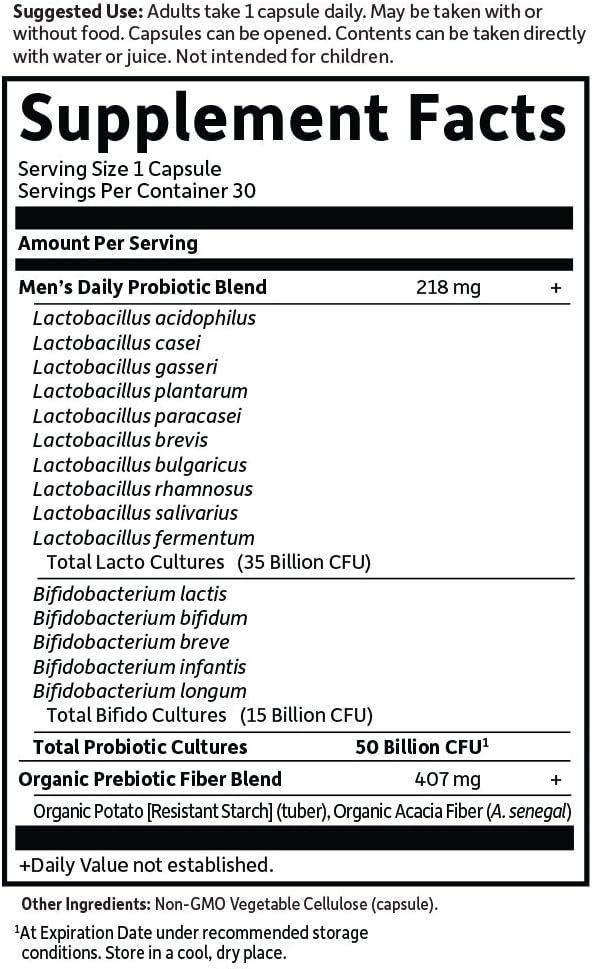 Garden of Life Probiotics for Men Dr Formulated 50 Billion CFU 15 Probiotics for Digestive Health + Organic Prebiotic Fiber for Colon & Immune Support, Daily Gas Relief, Shelf Stable, 30 Capsules