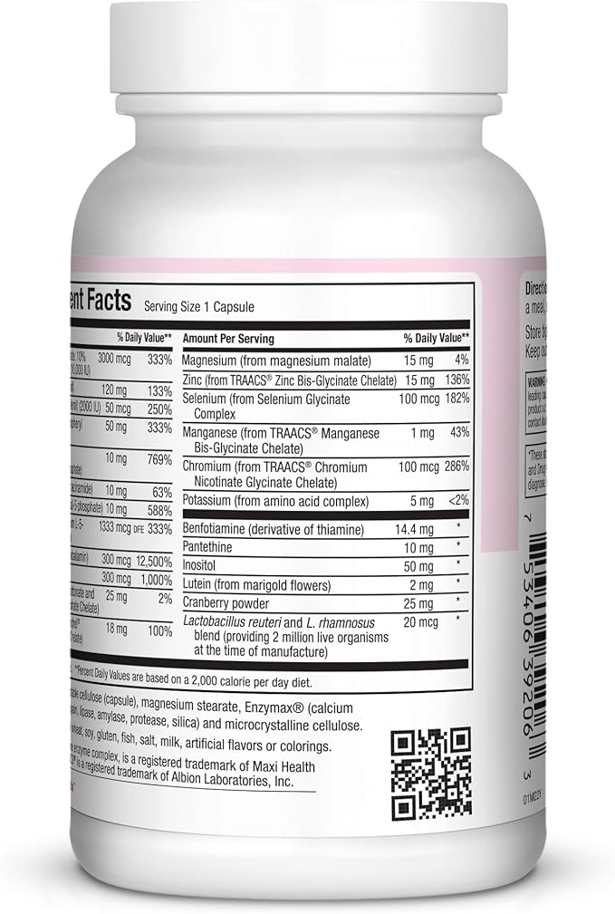 Maxi Health Women's Daily Multivitamin Biotin, Vitamins A B C D E, Calcium, Zinc, Lutein, Magnesium, Folate and More. Supports Gut Health for Women. Natural, Non-GMO, Gluten Free & Dairy Free Kosher