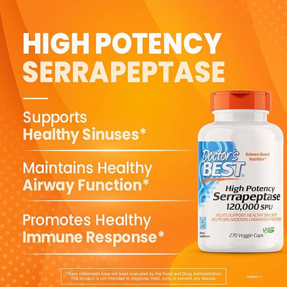 Doctor's Best High Potency Serrapeptase, Supports Healthy Sinuses and a Healthy Immune System, Non-GMO, Gluten Free, Vegan, 120, 000 SPU, 270 Veggie Caps