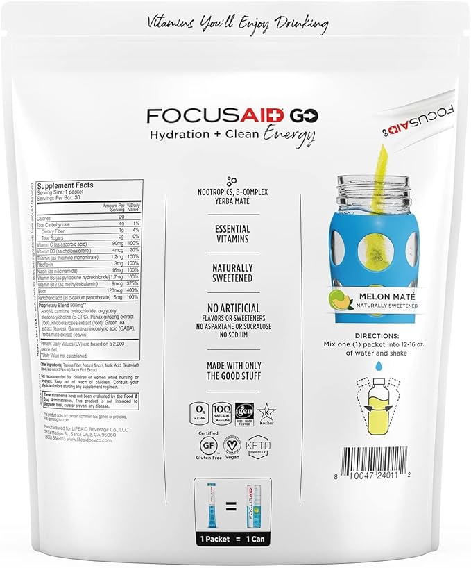 FOCUSAID GO Nootropics Energy Blend, Zero Sugar, Alpha-GPC, GABA, B-Complex, Yerba Mate, Green Tea, Keto Friendly, 100mg Caffeine, 30 Count (Pack of 1)