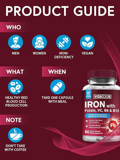 Iron Supplement for Women & Men, Iron Bisglycinate with Vitamin C, B6, B12, Folate, Stomach Friendly, Non-Constipating, Blood Health & Energy Boost, 60 Vegan Caps