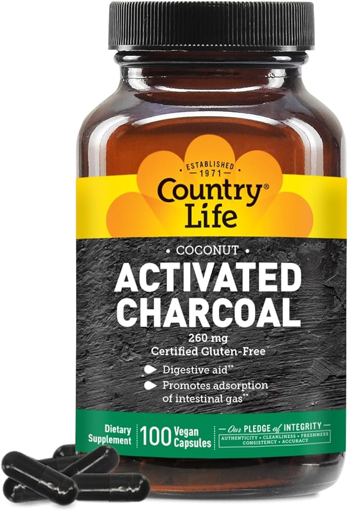 Country Life Activated Charcoal Capsules, 260mg – Natural Charcoal Supplement for Gas and Bloating Relief - Organic Coconut Charcoal, Gluten-Free, Non-GMO, 100 Vegan Capsules