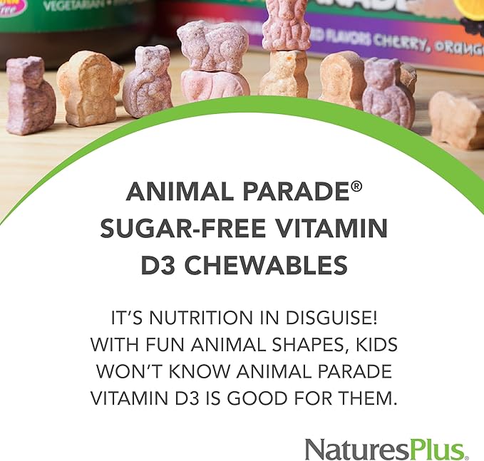 Natures Plus Animal Parade Sugar-Free Children's Vitamin D3-500 IU - Black Cherry Flavor - 90 Chewable Animal Shaped Tablets - Bone Health & Immune System Support - 90 Servings