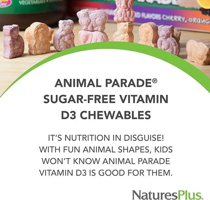 Natures Plus Animal Parade Sugar-Free Children's Vitamin D3-500 IU - Black Cherry Flavor - 90 Chewable Animal Shaped Tablets - Bone Health & Immune System Support - 90 Servings