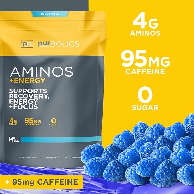 Aminos + Energy | Supports Recovery, Energy & Focus | 95mg of Caffeine, 0 Calories & 60 Servings (Blue Steele)