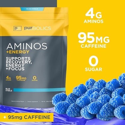 Aminos + Energy | Supports Recovery, Energy & Focus | 95mg of Caffeine, 0 Calories & 60 Servings (Blue Steele)