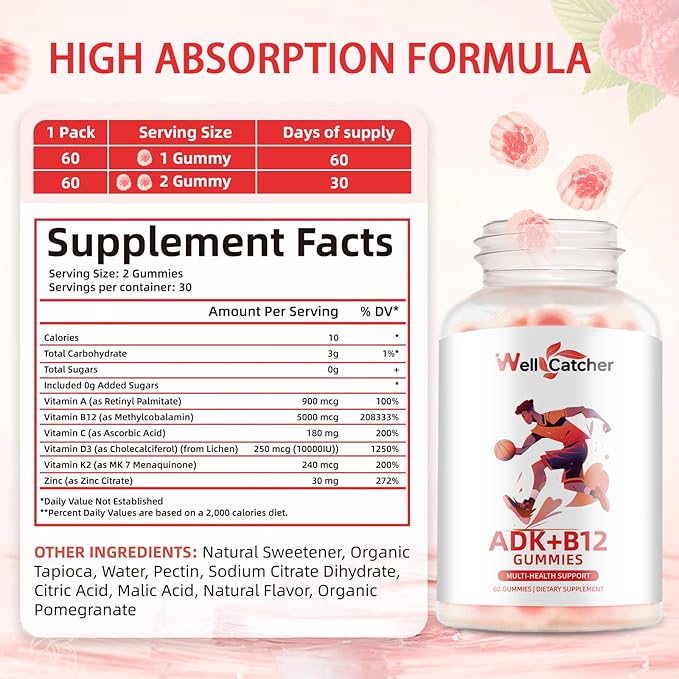 Sugar Free Vitamin ADK+B12 Gummies with Vitamin D3 K2 B12 K2 (MK-7) Chewable Vegan Multivitamin Supplement for Men Women Bone Brain Immune Skin Eye Heart 60 Counts Raspberry Flavored 1 Pack