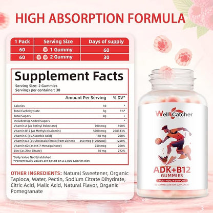 Sugar Free Vitamin ADK+B12 Gummies with Vitamin D3 K2 B12 K2 (MK-7) Chewable Vegan Multivitamin Supplement for Men Women Bone Brain Immune Skin Eye Heart 60 Counts Raspberry Flavored 1 Pack