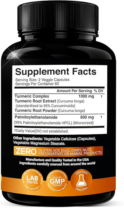 Palmitoylethanolamide 600mg + Turmeric Curcumin Complex 1000mg: Micronized Pea 99% Highly Purified and Bioavailable - Made in USA - Supplement for Men and Women - 120 Veggie Capsules