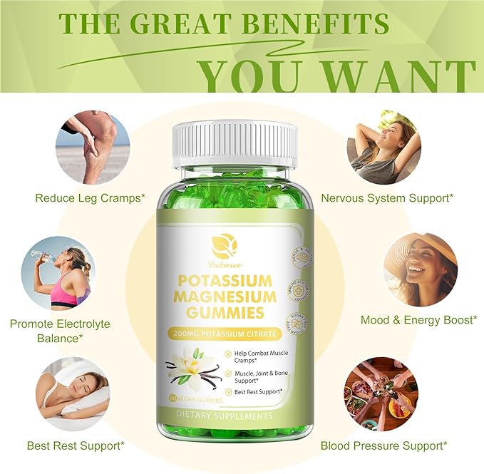 Potassium Magnesium Gummies - High Absorption Magnesium Glycinate 500mg & Potassium Citrate 200mg Plus Omega 3, B6, D3, K2 & Calcium - Chewable Gummy for Leg Cramps, Immunity & Energy - 60 Count