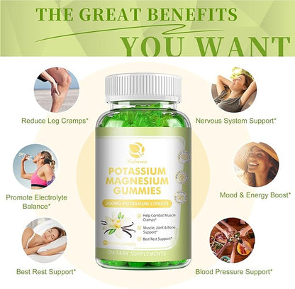 Potassium Magnesium Gummies - High Absorption Magnesium Glycinate 500mg & Potassium Citrate 200mg Plus Omega 3, B6, D3, K2 & Calcium - Chewable Gummy for Leg Cramps, Immunity & Energy - 60 Count
