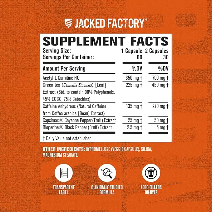 Jacked Factory Burn-XT Clinically Studied Fat Burner & Weight Loss Supplement - Appetite Suppressant & Energy Booster - with Acetyl L-Carnitine, Green Tea Extract and More - 60 Natural Diet Pills