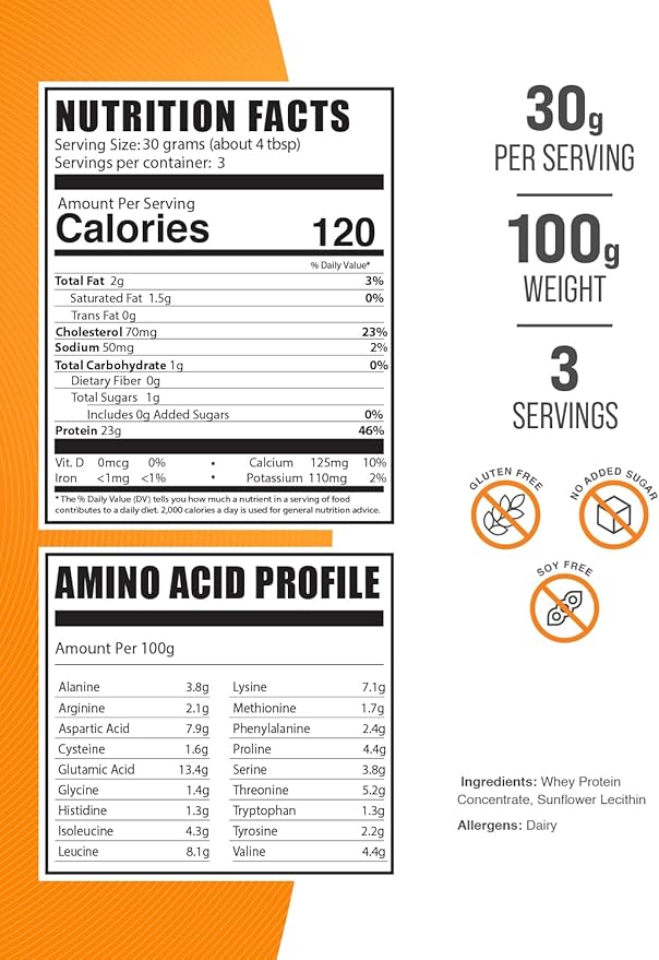 BulkSupplements.com Whey Protein Concentrate Powder 80% - Unflavored Protein Powder, Flavorless Protein Powder, Whey Protein Powder - Gluten Free, 30g per Serving, 100g (3.5 oz) (Pack of 1)