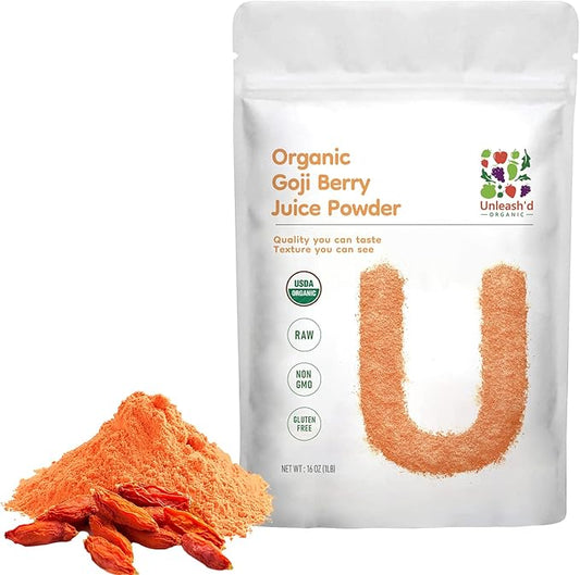 UNLEASH'D ORGANIC Organic Goji Berry Juice Powder 16 oz 100% Pure Natural Green Food, Rich in Antioxidants and Multivitamins, Boosts Immune System, Supports Eye Health, Promotes Skin Health