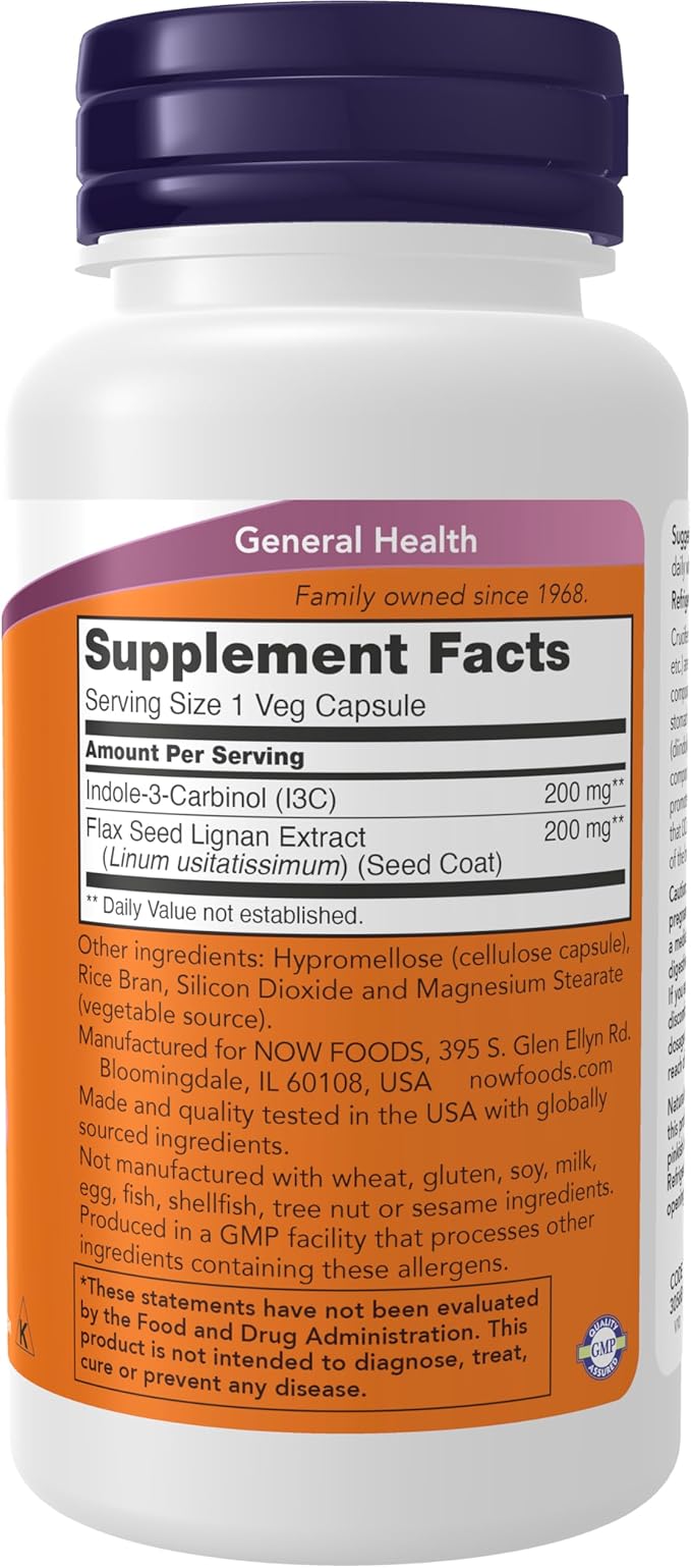 NOW Foods Supplements, Indole-3-Carbinol 200 mg with Flax Lignan Extract, 60 Veg Capsules