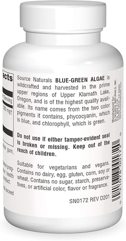 Source Naturals Blue Green Algae from Klamath Lake - Algae Superfood Supplement, 500 mg - 100 Tablets