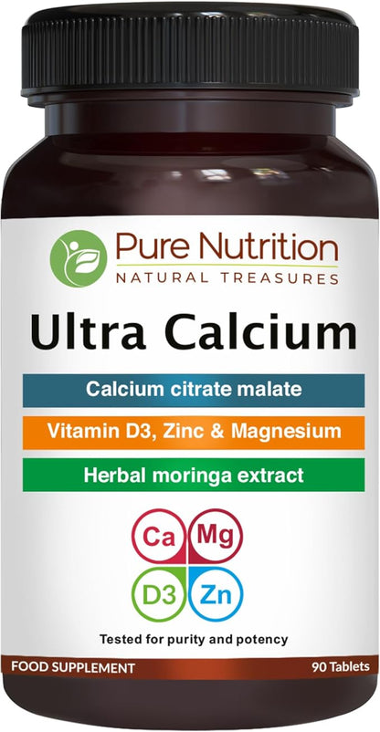 Pure Nutrition Ultra Calcium Citrate 1000mg Highly absorbable Calcium Supplement with Calcium Citrate Malate, Vitamin D, Zinc and Magnesium - 1 Tablet Daily (90 Veg Tabs) Non-GMO | Gluten-Free