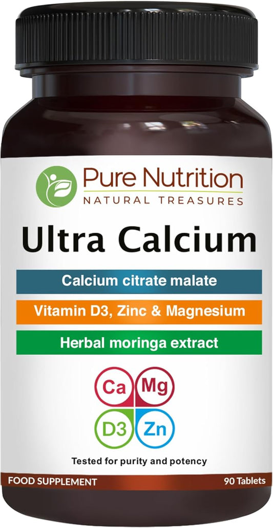 Pure Nutrition Ultra Calcium Citrate 1000mg Highly absorbable Calcium Supplement with Calcium Citrate Malate, Vitamin D, Zinc and Magnesium - 1 Tablet Daily (90 Veg Tabs) Non-GMO | Gluten-Free