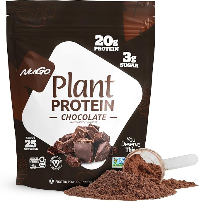 NuGo Slim Dark Chocolate Crunchy Peanut Butter, 17g Vegan Protein, 3g Sugar, 12 Count and NuGo Plant Protein Powder, 20g Protein, 3g Sugar, 25 Servings