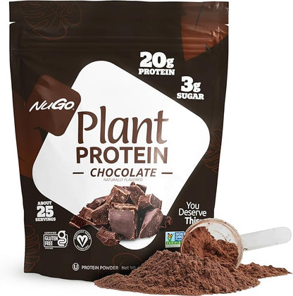 NuGo Slim Dark Chocolate Crunchy Peanut Butter, 17g Vegan Protein, 3g Sugar, 12 Count and NuGo Plant Protein Powder, 20g Protein, 3g Sugar, 25 Servings
