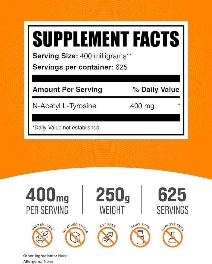 BulkSupplements.com N-Acetyl L-Tyrosine Powder -Tyrosine Supplement, NALT Powder - Amino Acid Supplement, Unflavored & Gluten Free, 400mg per Serving, 250g (8.8 oz) (Pack of 1)
