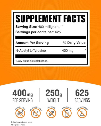 BulkSupplements.com N-Acetyl L-Tyrosine Powder -Tyrosine Supplement, NALT Powder - Amino Acid Supplement, Unflavored & Gluten Free, 400mg per Serving, 250g (8.8 oz) (Pack of 1)