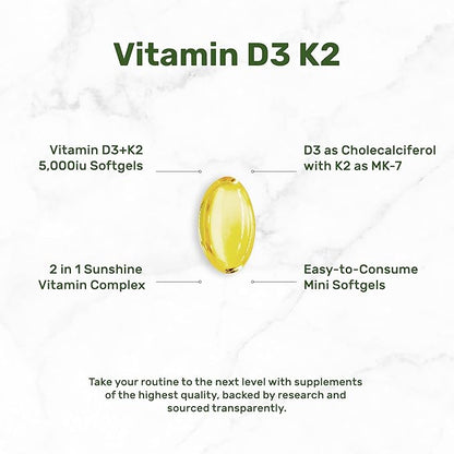 DEAL SUPPLEMENT Vitamin D3 K2 Softgel, 250 Count, 2-1 Complex, Vitamin D3 5000 IU & Vitamin K2 MK7, Promotes Heart, Bone & Teeth Health – Easy to Swallow