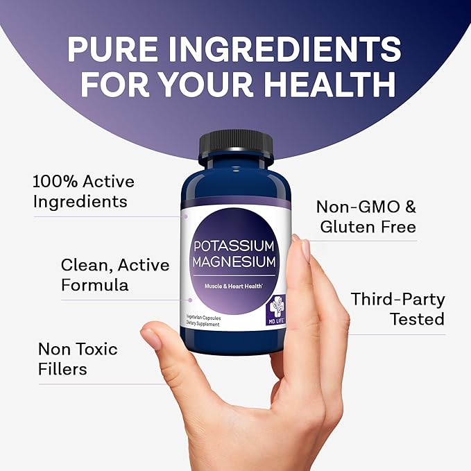 MD. Life Magnesium Potassium Supplement - 90 Capsules - High Absorption Magnesium Complex to Support Vascular Health & Leg Cramp 90cts