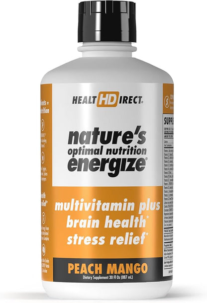 HEALTH DIRECT - Nature's Optimal Nutrition Energize Liquid Multivitamin Superfood - 140+ Nutrients - Mental Clarity & Energy - Immune & Cardiovascular Support – 30 Servings – Peach Mango