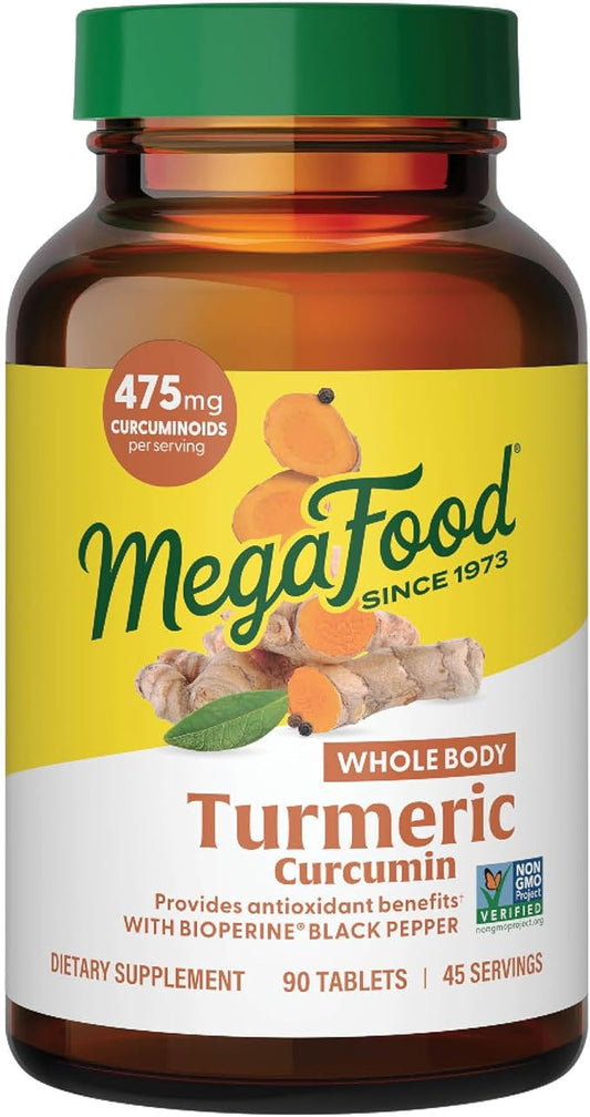 MegaFood Turmeric Curcumin Extra Strength - Whole Body - Turmeric Curcumin with Black Pepper - 475mg Curcuminoids - Holy Basil, Tart Cherry - Made Without 9 Food Allergens - 90 Tabs (45 Servings)