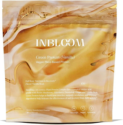 INBLOOM Plant Based Protein Powder - Green Protein with Six-Source Plant Protein Blend - Vanilla Bean Flavor - 14 servings