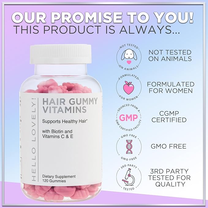 Hello Lovely! Hair Vitamins Gummy with Biotin 5000 mcg Vitamin E & C Support Hair Growth, Premium Vegetarian Non-GMO, for Stronger Beautiful Hair, Skin & Nails Supplement - 120 Bear Gummies