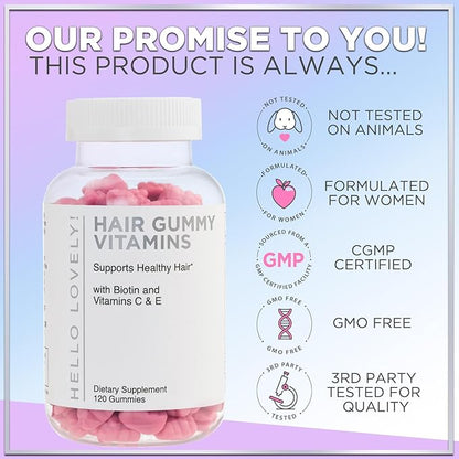 Hello Lovely! Hair Vitamins Gummy with Biotin 5000 mcg Vitamin E & C Support Hair Growth, Premium Vegetarian Non-GMO, for Stronger Beautiful Hair, Skin & Nails Supplement - 120 Bear Gummies