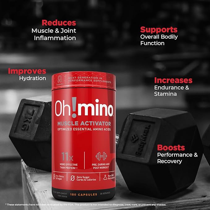 Oh!mino Oh! Nutrition Muscle Synthesis Activator, Electrolyte Capsules with Essential Amino Acids & 100mgs of Pharma-Grade Caffeine, Pre Workout, Post Workout for Men and Women, 180 Vegan Capsules