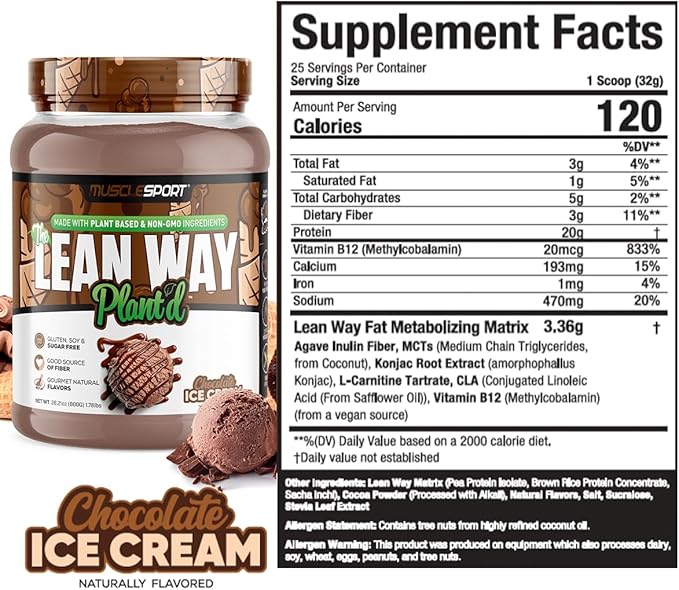 Musclesport Lean Way Plant Protein - Pea Protein and Brown Rice Protein Blend, with Added CLA, MCT and L-Carnitine - 20 Servings (Chocolate)