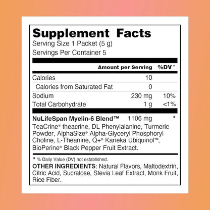 Myelin-6 Sampler Pack, 5 Single Serve Packs, Focus Supplement & Brain Health with AlphaSize, Memory and Cognitive Function Support, Orange Tangerine Flavor, Gluten-Free, Non-GMO