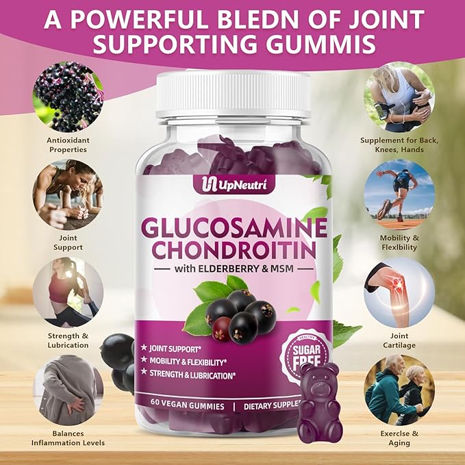 Glucosamine Chondroitin Gummies Sugar Free, Extra Strength 1500mg Glucosamine with Chondroitin MSM & Turmeric, Joint Support Supplement for Men & Women Joint Health (60 Count (Pack of 1))