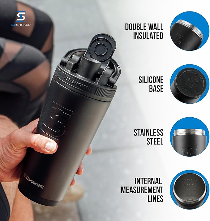 Ice Shaker Insulated Stainless Steel Shaker Bottle | 26oz, Black | Cold for 30+ Hours | Insulated Cup with Twist-on Agitator | Odor-Free Shaker Cup for Protein Shakes, Water, Smoothies, Cocktails