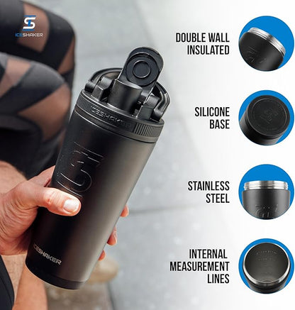 Ice Shaker Insulated Stainless Steel Shaker Bottle | 26oz, Black | Cold for 30+ Hours | Insulated Cup with Twist-on Agitator | Odor-Free Shaker Cup for Protein Shakes, Water, Smoothies, Cocktails