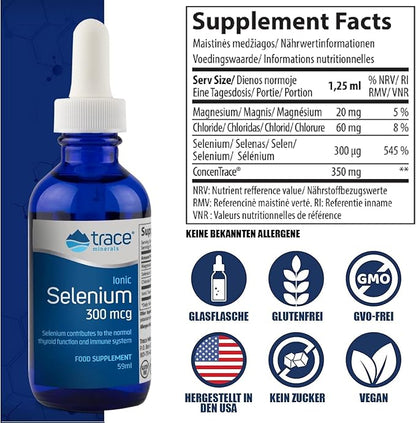 Trace Minerals | Liquid Ionic Selenium 300 mcg Dietary Supplement | Antioxidant, Supports Immunity, Thyroid Health | Vegan, Gluten Free, Non-GMO | 2 fl oz (1 pack), 48 servings